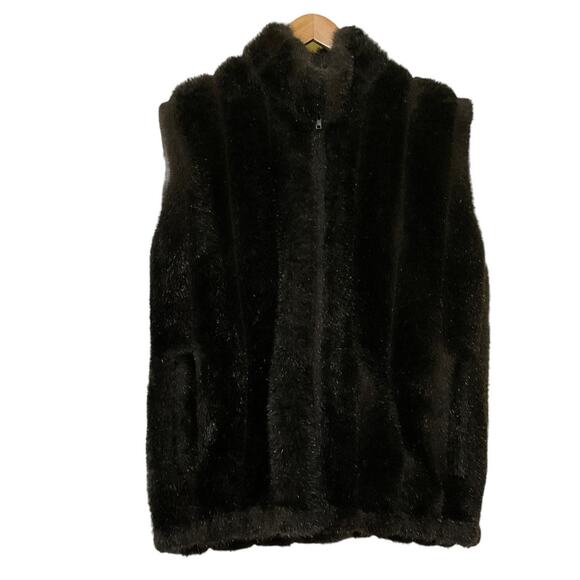 VTG Norm Thompson Black Faux Fur Sleeveless Vest Full Zip Up Lined Size Large - Picture 1 of 9
